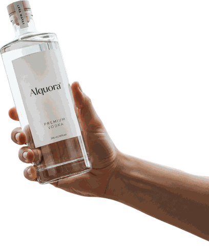 Hand holding a premium clear vodka bottle against a white background