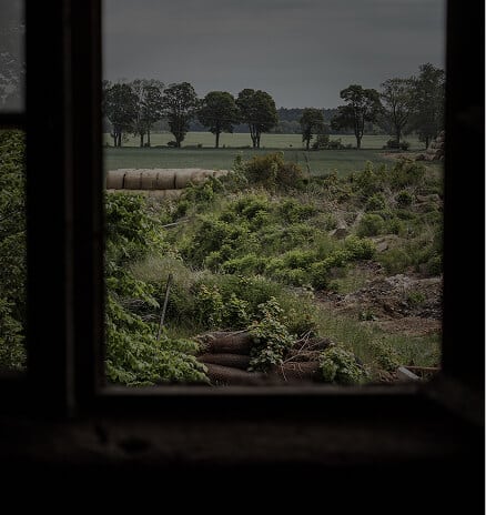 Old wooden window framing an overgrown meadow, round bales and trees under an overcast sky